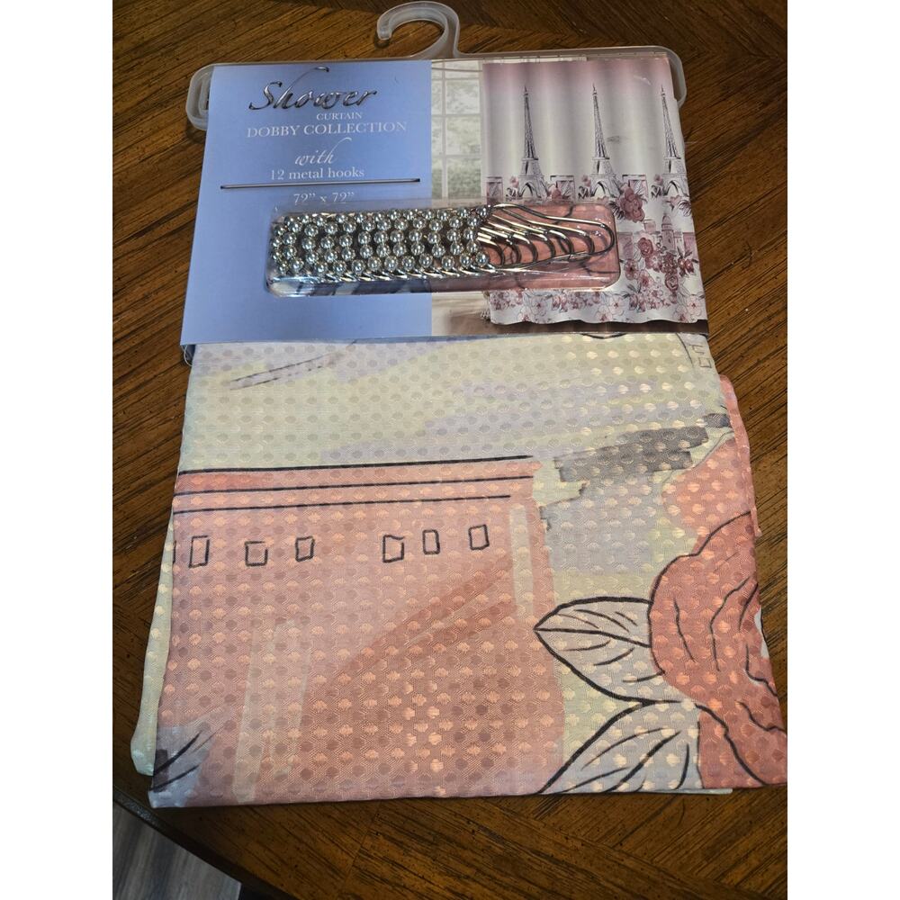 New Dobby Collection Shower Curtain with 12 Silver Metal Hooks 72" x 72"